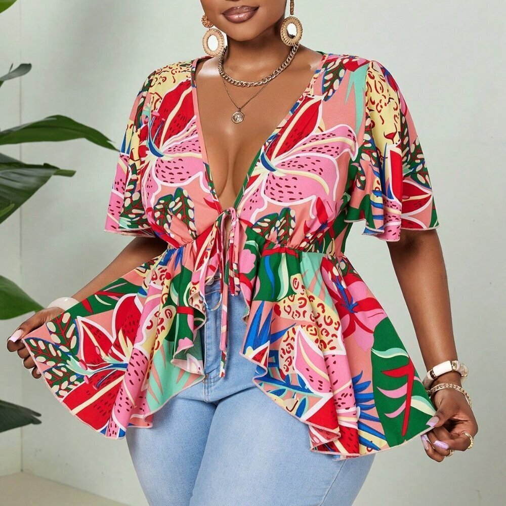 Multicolor Boho Women's Plus Size Casual Vacation Shirt
